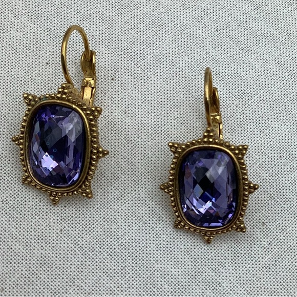 Gold-Tone Earrings with Glass Purple Gemstones - Picture 1 of 3